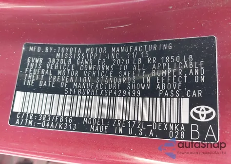 2016 Toyota Corolla Le Plus из США, поврежденный, VIN 5YFBURHEXGP429499